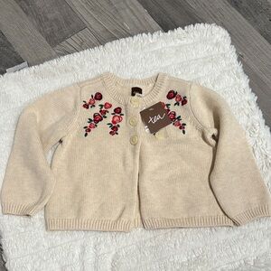 Tea Collection Beige Kids Cardigan with Red Floral Design